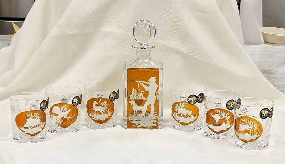 Irena Polish 24% Lead Crystal Whiskey Decanter Set 6 Glasses Hunting Amber